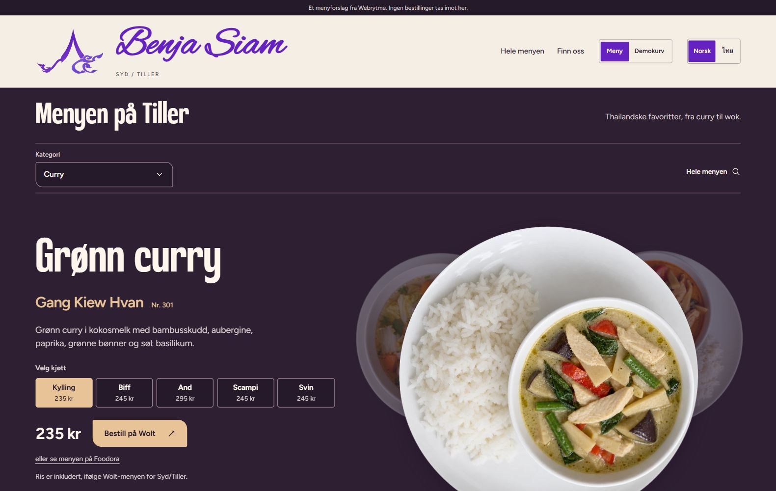 Benja Siams hero med lilla logo og grønn curry