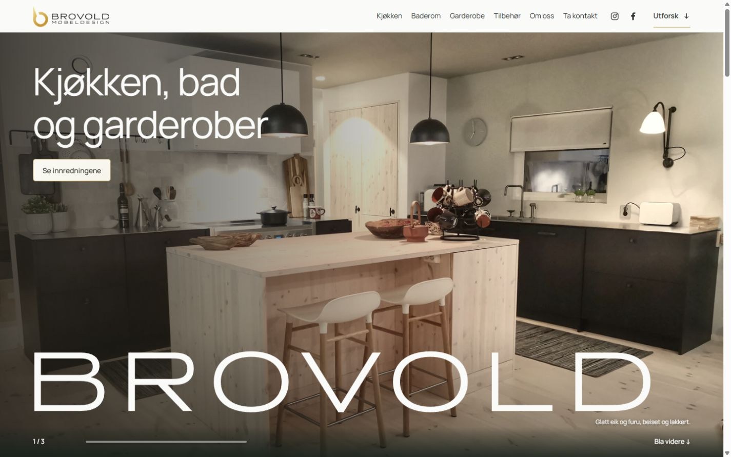 Brovolds forside med logo, kjøkken og stort navnetrekk